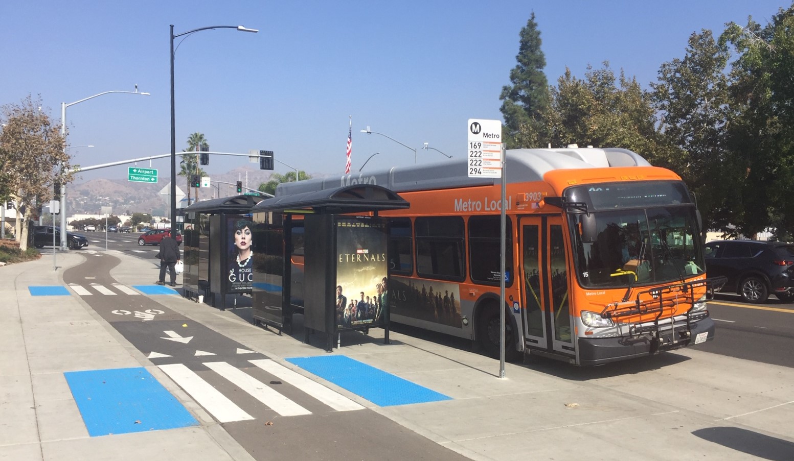 Hollywood Way protected bike lane running behind floating island bus stop - just south of xxxx