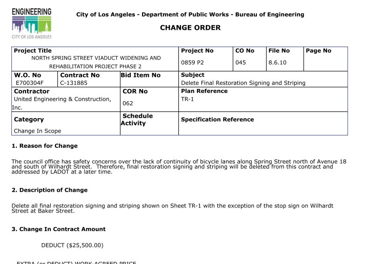 Detail of North Spring Street Bridge change order