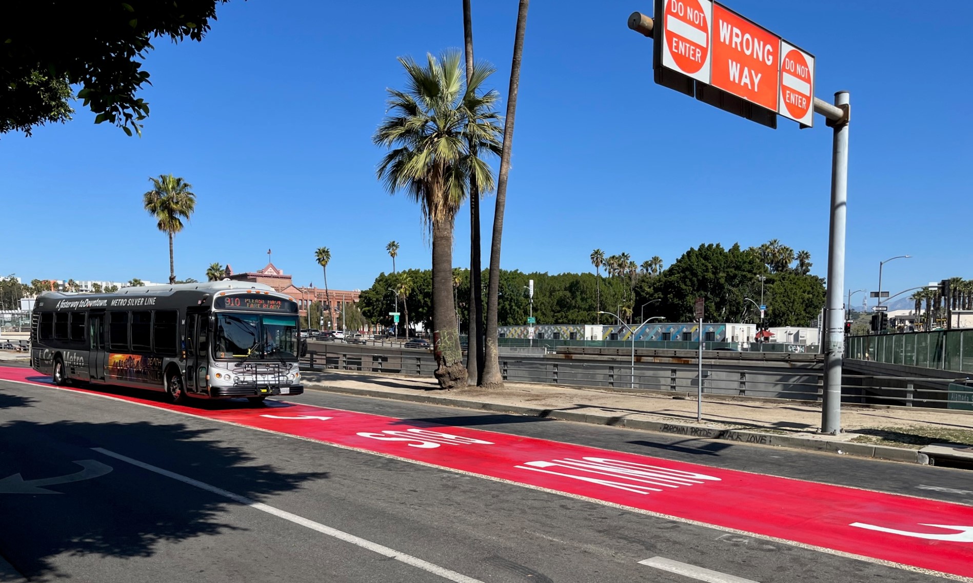 The Aliso Street bus-only lane yesterday
