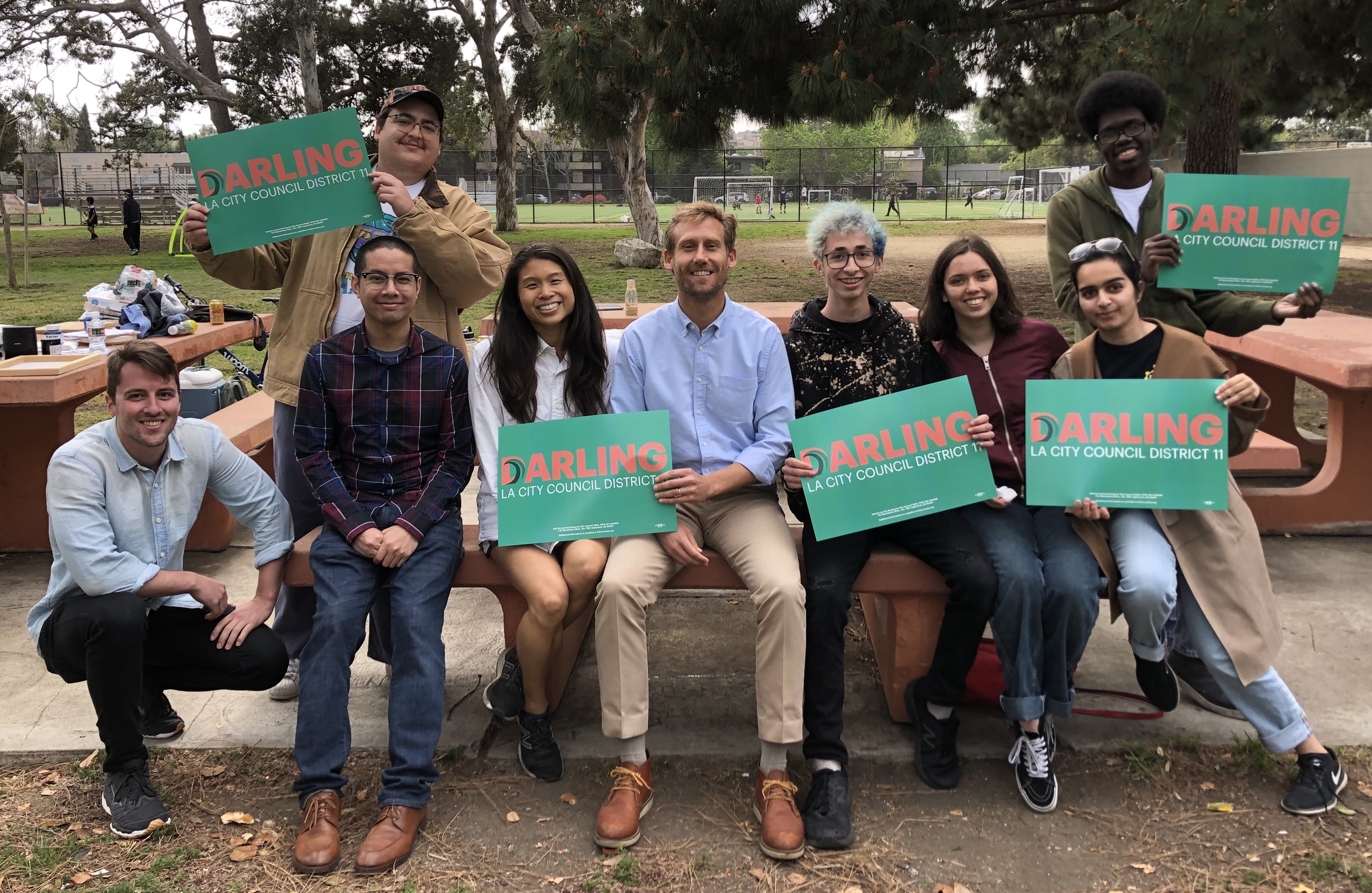 Darling (center) with members of "Gen Z for Darling" at Mar Vista Park.