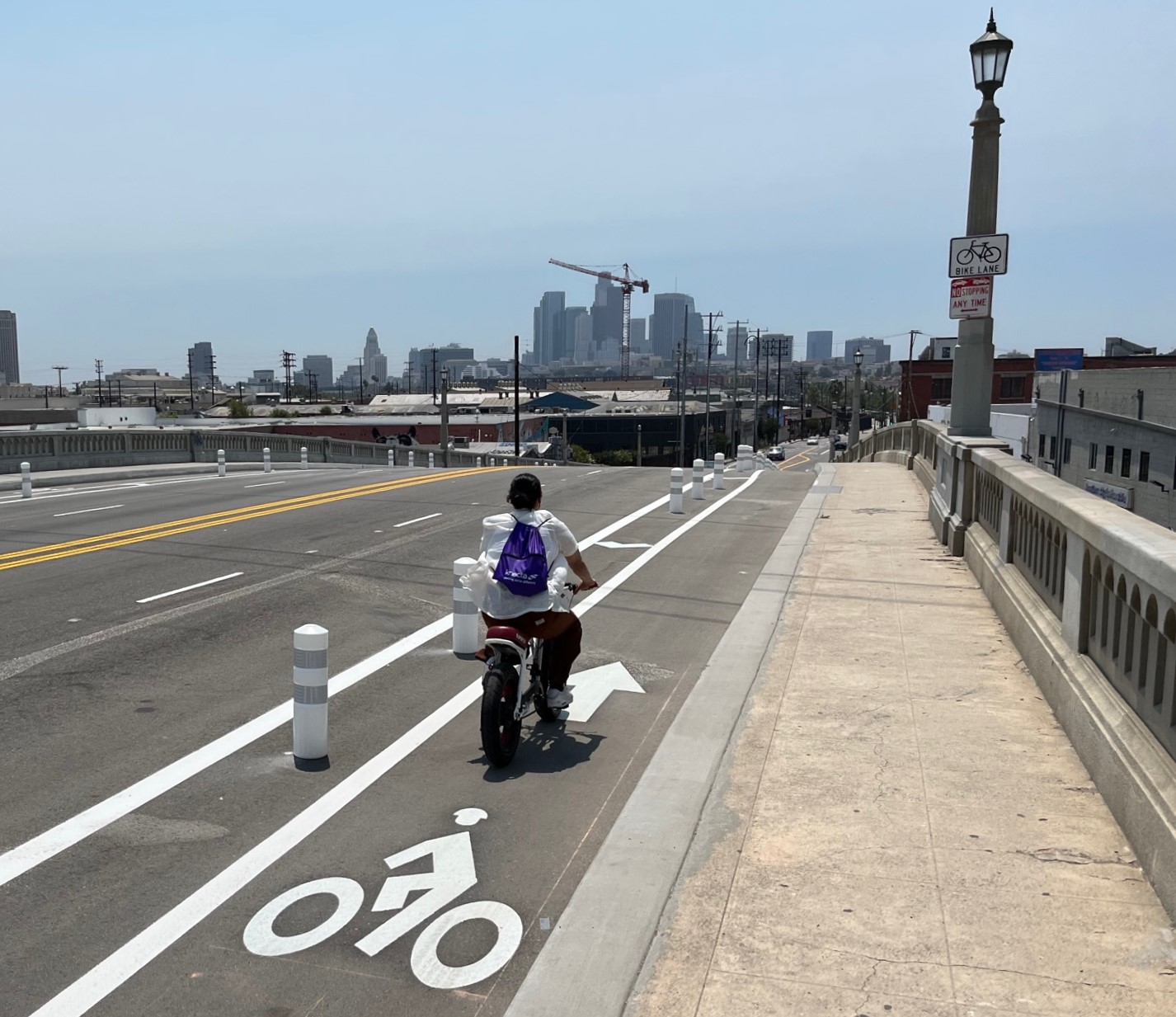 New plastic-bollard-protected bike lanes on the N. Spring Street Viaduct