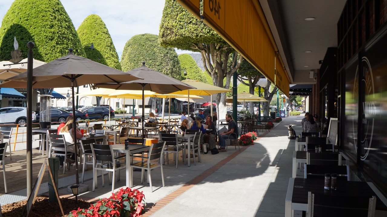 The inside of an outdoor dining deck at the Glendora Village. Credit Chris Greenspon/SBLA