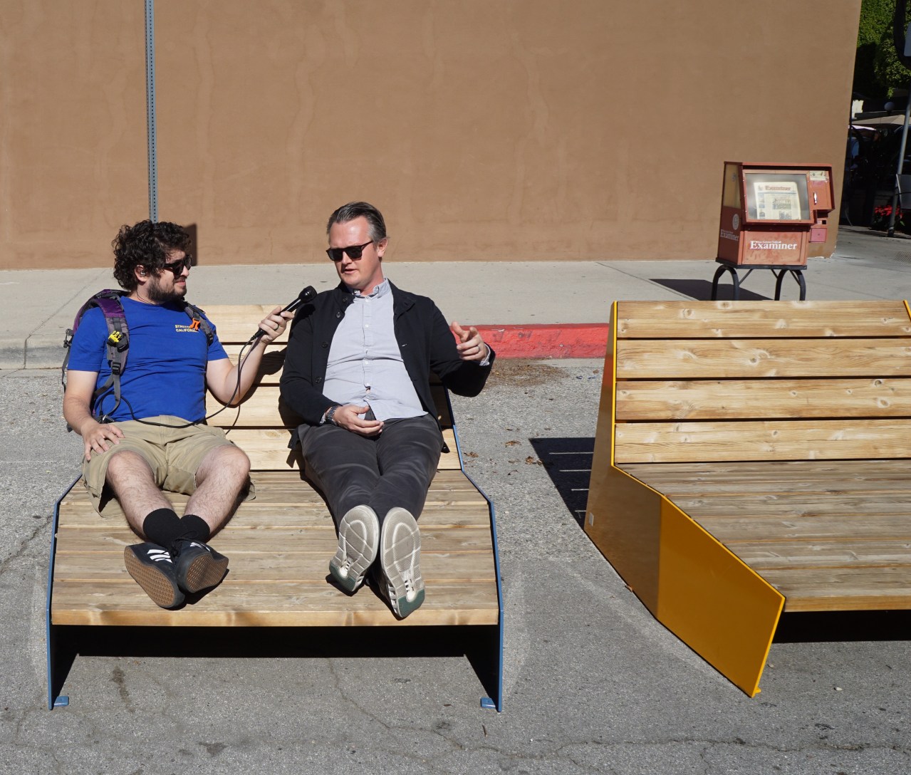 L-R Streetsblog SGV Reporter Chris Greenspon and Glendora Transportation Manager Steven Mateer recline thoughtfully on outdoor furniture on Meda Avenue. Credit: Moises Lopez