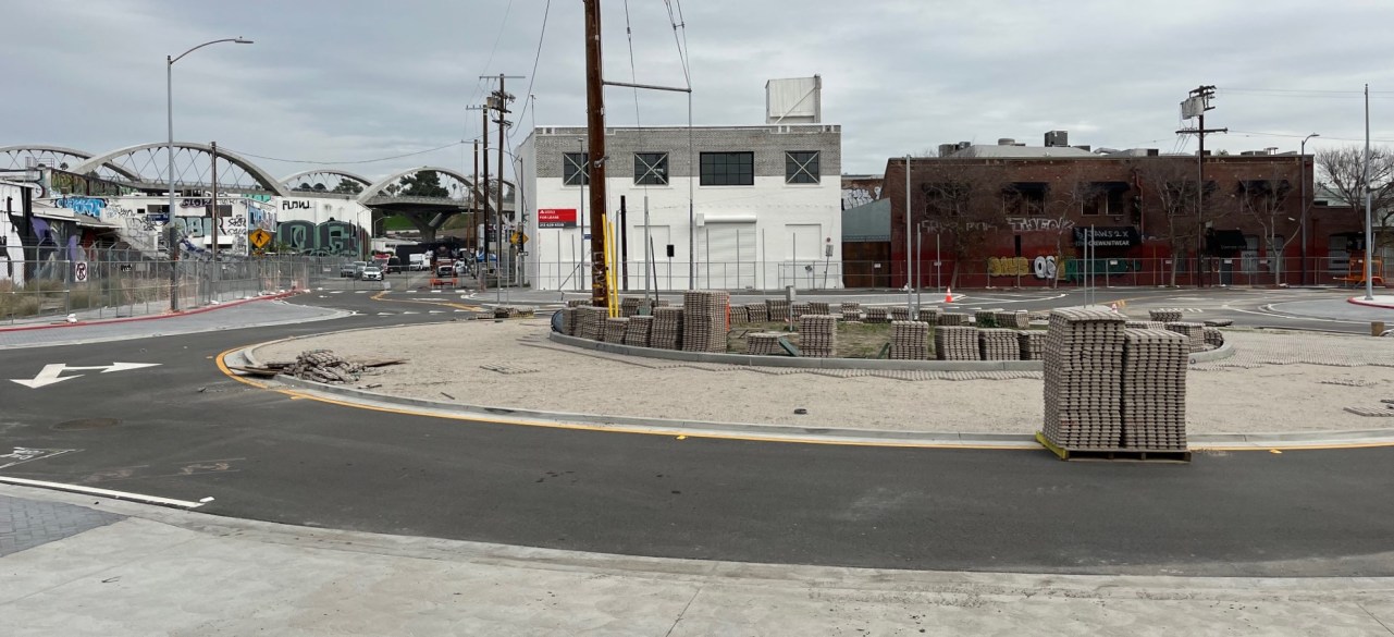 The Mission/Meyers roundabout is located south of the new 6th Street Viaduct, east of the L.A. River