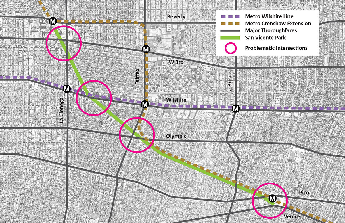 Map of San Vicente Park, including its relationship with under-construction and planned Metro rail - via IntuArch