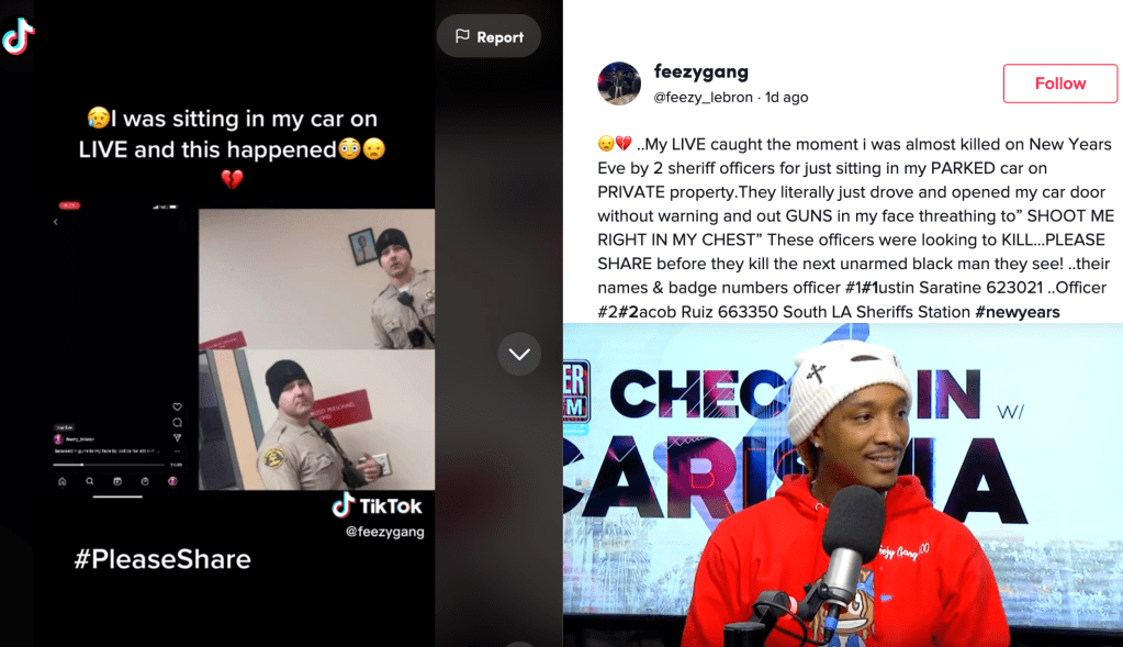 “You’re Getting One Right to the Chest” – Sheriff’s Deputy Threatens to Shoot L.A. Rapper Feezy Lebron for Sitting in His Parked Car