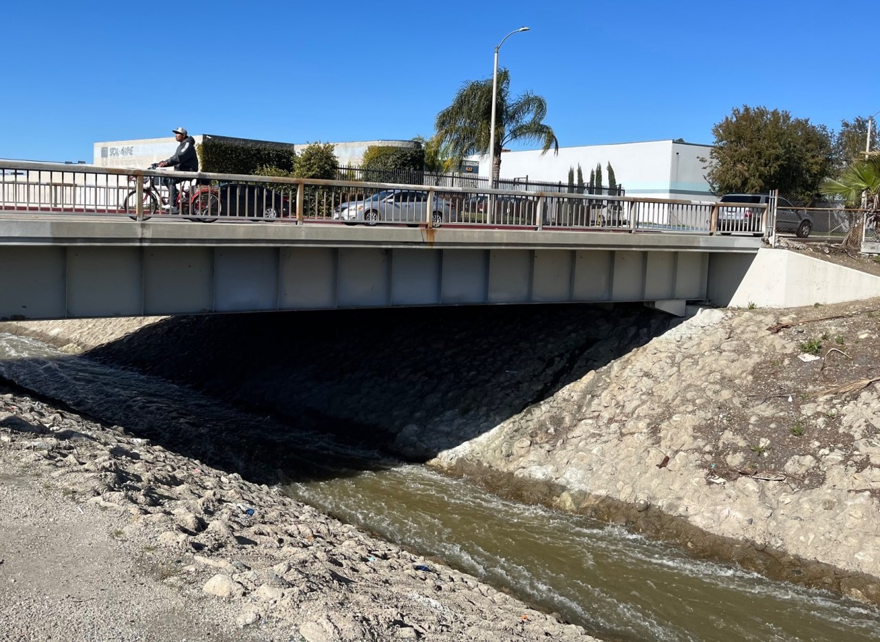The concrete lined Pacoima Wash at Glenoaks Boulevard